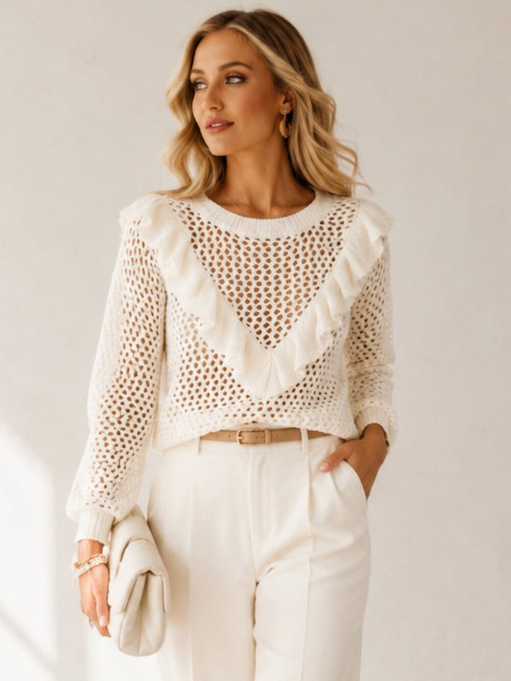 Mustard Seed Open Knit Ruffle Sweater Ivory Crochet Boho Pullover